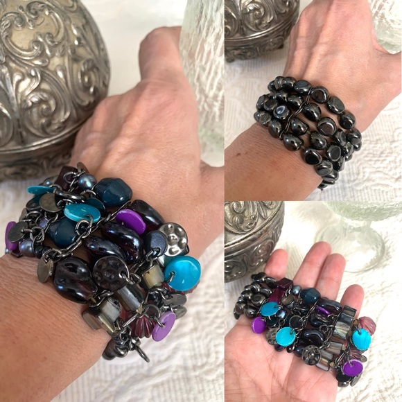 Women’s Hematite Abalone Shell statement bracelet purple aqua Black charm beads - Picture 1 of 10
